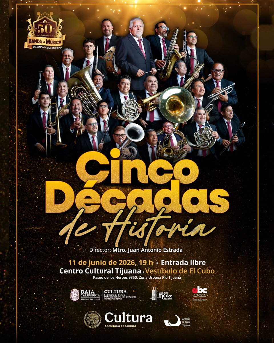 cecut_mx's tweet photo. Te invitamos al concierto conmemorativo por el 50 Aniversario de la Banda de Música del Estado de Baja California, una velada especial que recorrerá cinco décadas de tradición, excelencia artística y compromiso con la difusión de la música en nuestra comunidad. https://t.co/vsNwiZDGRI
