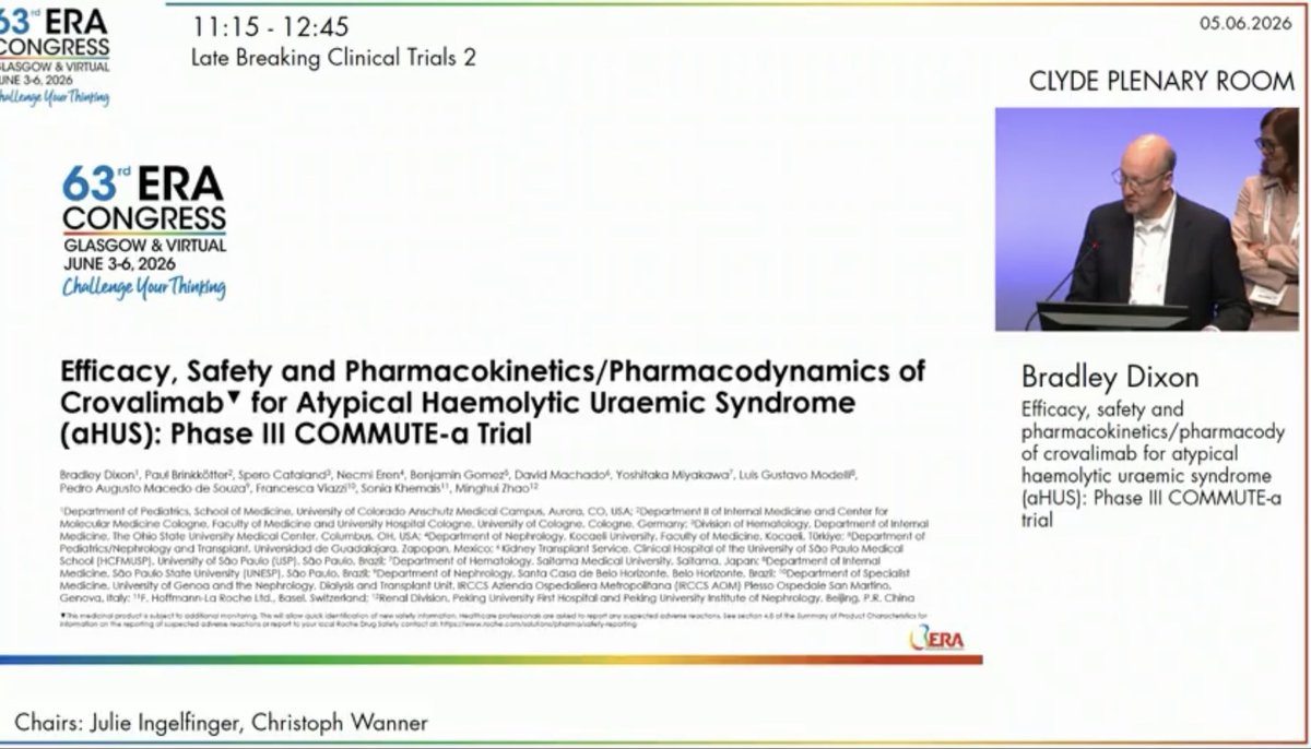 ERAkidney's tweet photo. 🔥Late Breaking Clinical Trials 2 #ERA26  
⏩ Efficacy, safety and pharmacokinetics/pharmacodynamics of crovalimab for atypical haemolytic uraemic syndrome (aHUS): Phase III COMMUTE-a trial in adults/ adolescents  
🎙️Presented by @DrBradleyDixon 

💊    Crovalimab: long-acting SC C5 inhibitor with home-administration potential