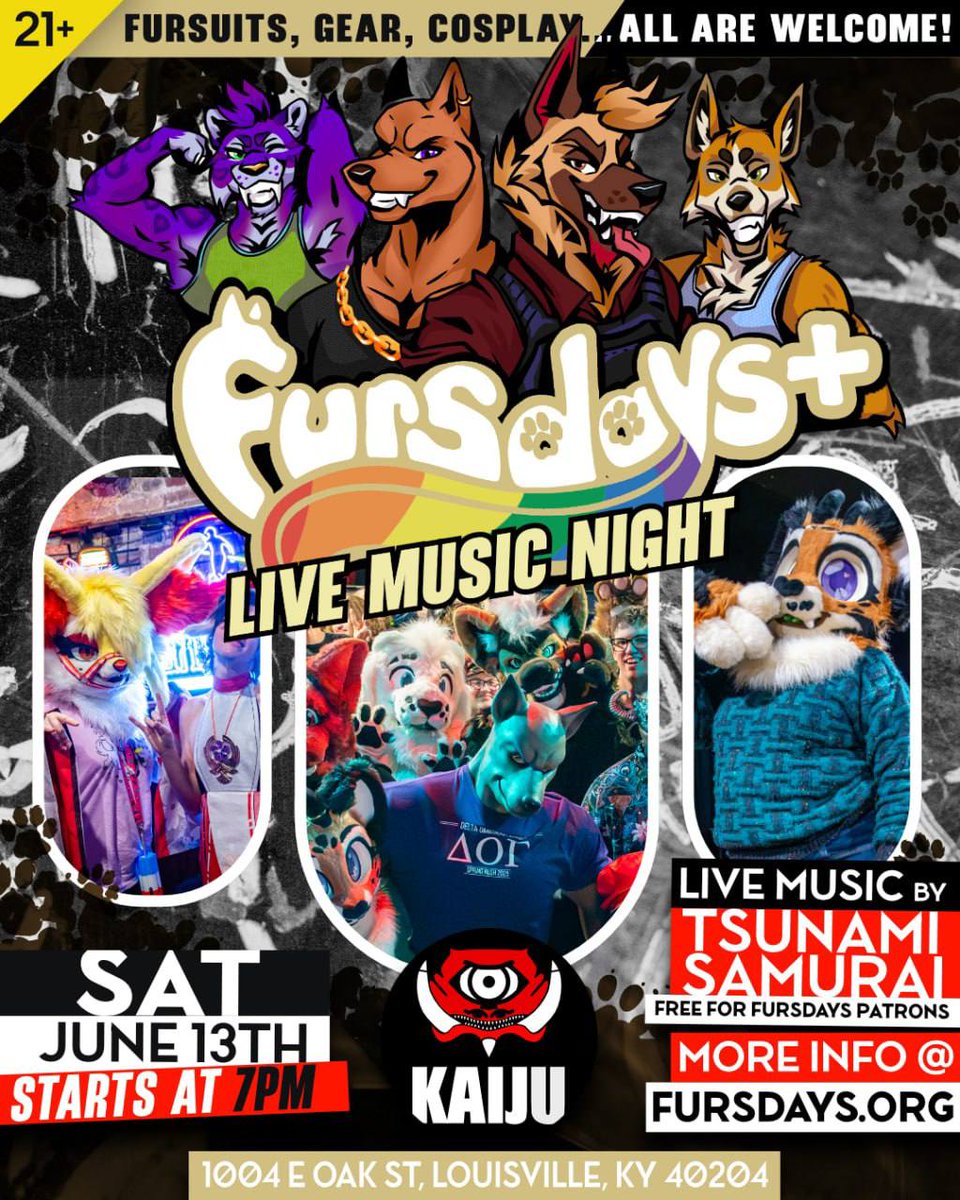fursdays's tweet photo. Get ready to jam to hard core surf rock at Kaiju on Saturday, June 13!

Tsunami Samurai will be playing at the bar, and entry is free for Fursdays folks.

Let's kick summer off right with some awesome tunes! Be sure to come out and support some local musical artists. https://t.co/xVQ6lOOZiU
