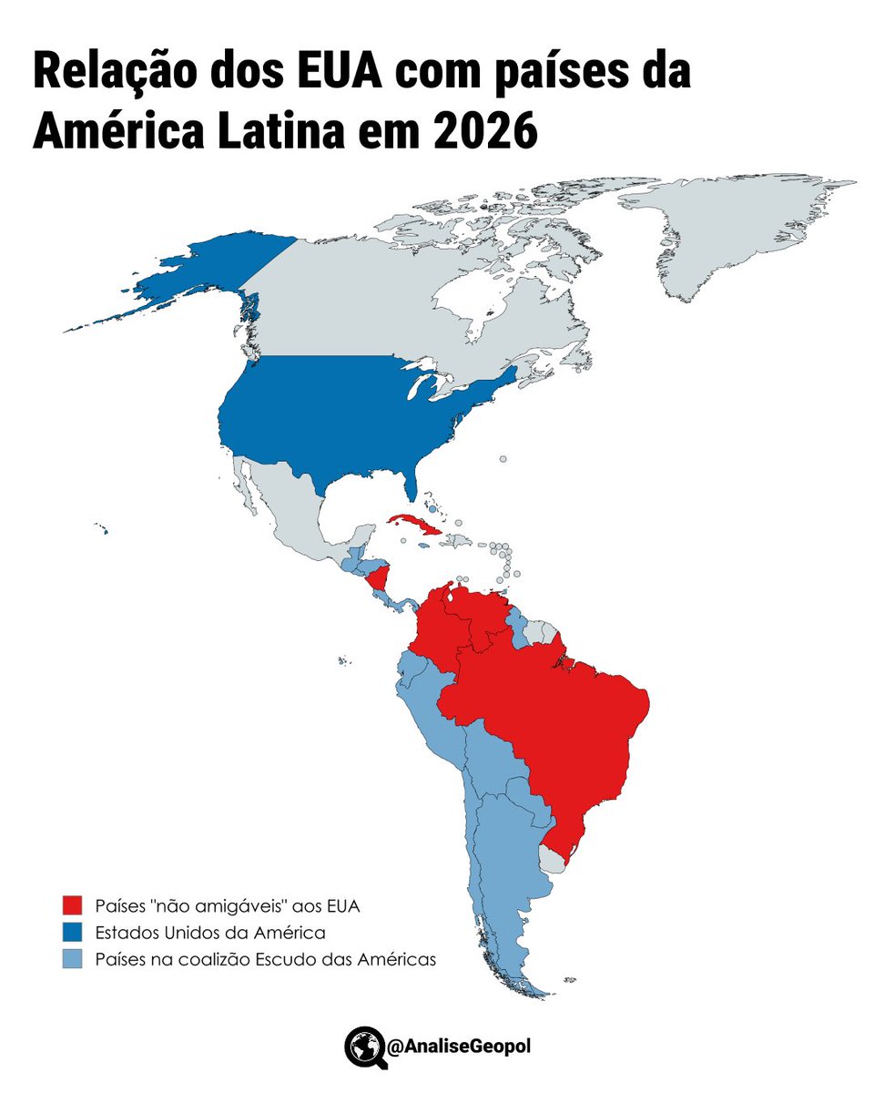 AnaliseGeopol's tweet photo. 🇺🇸 Os Estados Unidos da América estão perdendo sua hegemonia econômica, militar e cultural em âmbito global, principalmente na Ásia, Oriente Médio, África e em certa medida na Europa. Dessa forma, os EUA estão concentrando sua projeção de poder contra a América Latina.

Marco Rubio citou que atualmente, em junho de 2026, Brasil, Cuba, Colômbia, Venezuela e Nicarágua fazem parte da "lista de países não amigáveis aos EUA". Todos os países citados têm uma coisa em comum, que é o não alinhamento a 100% dos interesses de Washington. Todos esses países ainda mantêm relações com os EUA, porém, adotam políticas e posturas soberanistas de defender seus próprios interesses e não se alinhar automaticamente aos EUA em tudo.

Em contraste, Donald Trump lançou no início de 2026 uma coalizão chamada "Escudo das Américas", que reúne diversos países da América do Sul e América Central em uma organização que os alinha totalmente aos interesses dos EUA, inclusive no âmbito militar, já que esses países concordaram em receber tropas dos EUA para operações militares, supostamente com foco no combate ao narcotráfico.

Neste contexto, fica nítido a formação de dois blocos distintos nas Américas, um deles composto por países que aceitam ser protetorados dos EUA e outro por países que buscam se desenvolver de forma autônoma em busca de seus próprios interesses. Há casos especiais, como o da Venezuela, que sofreu uma intervenção militar dos EUA e que na prática se tornou uma colônia de Washington. O México também adota uma postura soberana com o governo de Cláudia Sheinbaum, mas que, até o momento, ainda não foi citado como "não amigável aos EUA". Marco Rubio também citou que deseja que os "países não amigáveis aos EUA" sofram uma mudança de governo, esperando que líderes pró-EUA sejam eleitos como presidentes nestes países.

Os EUA são um império em decadência e, conforme o esperado, se tornam cada vez mais agressivos e hostis conforme sua hegemonia diminui, seguindo à risca a frase "vou cair, mas vou cair atirando", com seu principal alvo sendo o controle da América Latina.