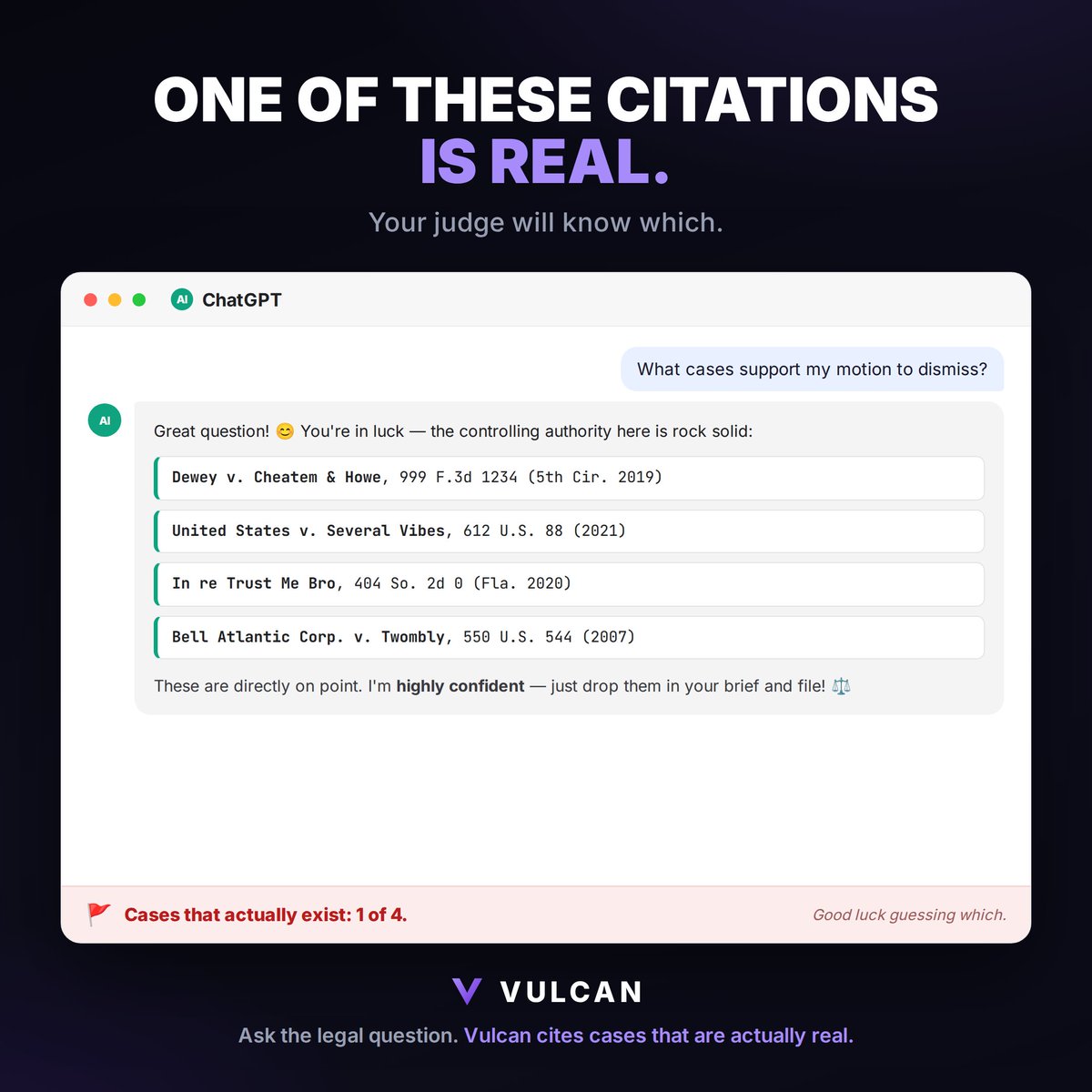 vulcantechteam's tweet photo. A lawyer used ChatGPT for legal research and ended up filing fake cases in federal court.

In Mata v. Avianca, ChatGPT gave real-looking case names, citations, summaries, and quotes. The lawyers trusted the output, filed it, and only found out later that the cases didn’t exist.

Sanctions followed, and the case became the warning everyone in legal AI still talks about.

This is why verification has to be built into the product. If a case can’t be opened, a statute can’t be traced, or a regulation can’t be checked from the source, it shouldn’t be anywhere near legal work.

That’s the standard we’re building for at @vulcantechteam!