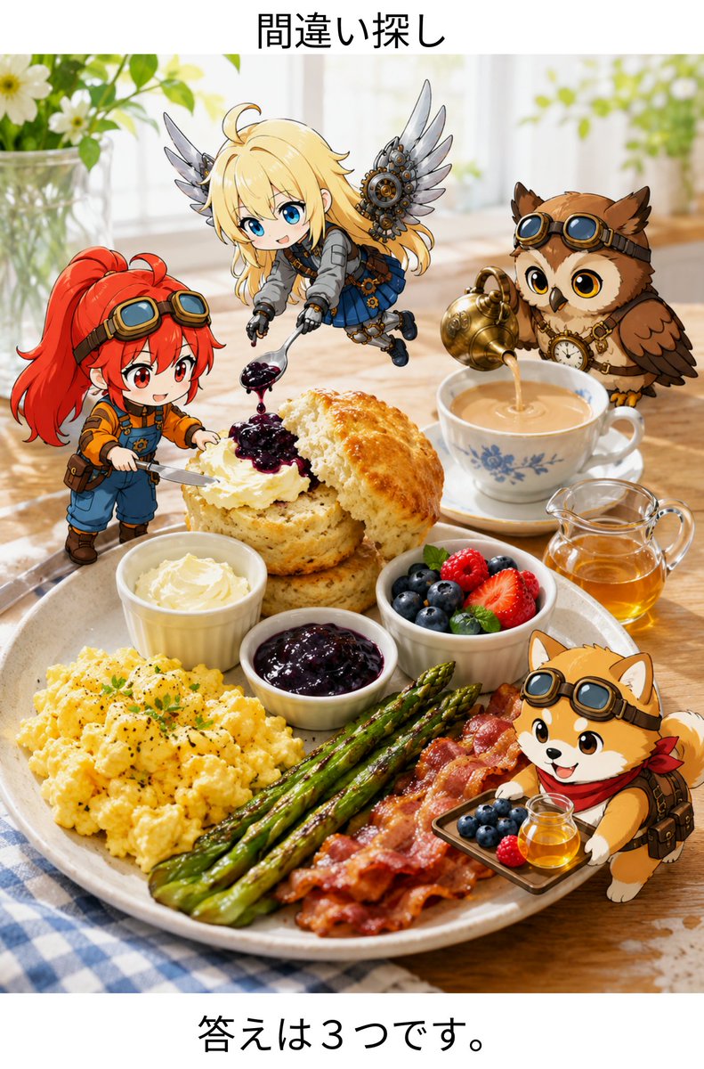 間違い探し 答えは3つ 具だくさんピザパン朝食プレート 朝にピザパン