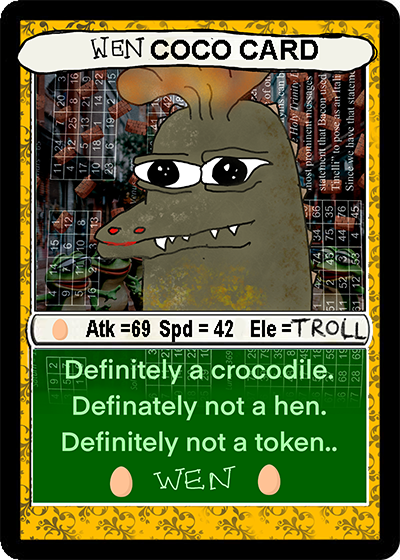 common_coco's tweet photo. It's been far too long since anything new has entered the swamp. Today, lets celebrate Series 3, Card 16 - WENCOCO by @arwyn_official. It's a genius piece that imagines what would happen if a hen and a croc had a baby. Wen indeed. https://t.co/V6CRYBsxVn