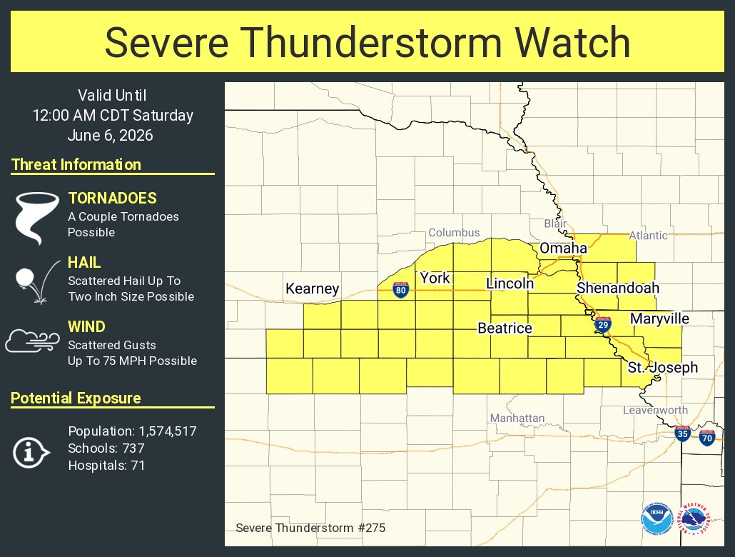 NWSHastings's tweet photo. A severe thunderstorm watch has been issued for parts of Iowa, Kansas, Missouri and Nebraska until 12 AM CDT https://t.co/o5m87pot3U