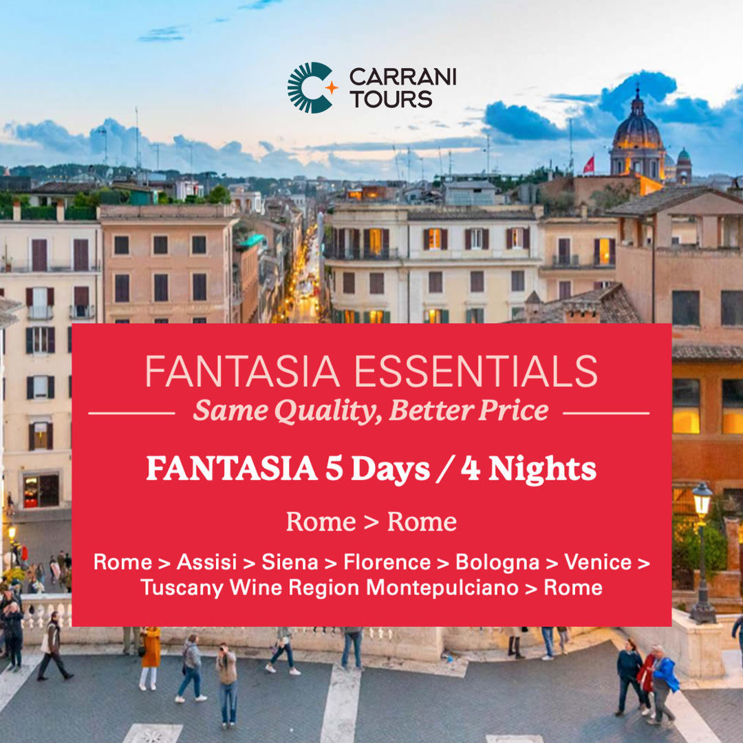AgentWorldUSA's tweet photo. 👀 Sell Italy easily with Carrani Tours' 5-day Fantasia Essential through Assisi, Siena, Florence, Venice, Bologna &amp; Tuscany. Guided highlights included. ✨ Learn more: https://t.co/B46Vs3T5Qo #CarraniTours #ItalyTravel https://t.co/jMpNTC2HDY