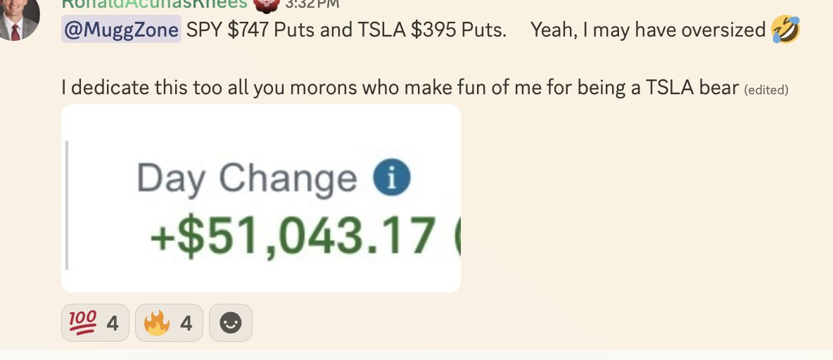 TheMuggZone's tweet photo. What a day to be an options trader...
Does it matter if it's going up or down as long as the market is moving quickly there is plenty of money to be made, if you're ready and know the basics of option trading then please.. do the following,
Get alerts, you're going to want to follow @TheOwlsCapital and get on the Discord.. can't stress this enough, trying to trade off of information straight from X, is not enough. You need up-to-date, minute by minute alerts on the analysts own plays that you can watch/follow.

spy 727 puts alerted at .89 entry ran 1000%
tsla 395 puts ran 650-800% from alerted entry

SPX bears crushed it today as well, saw a few make over 100k.

$TSLA $SPY $MRVL