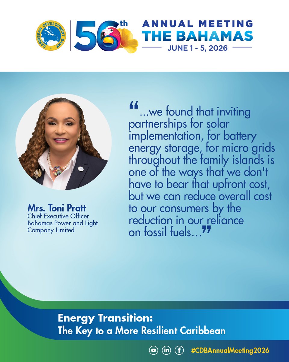 Caribank's tweet photo. At CDB's 56th Annual Meeting Energy Transition Seminar, experts from government, utilities, climate finance, and regional institutions explored the actions needed to turn ambition into implementation. 

Swipe for some of the powerful insights shared during the discussion.

#OurCDB #CDBAnnualMeeting2026 #EnergyTransition #CaribbeanDevelopmeny #RenewableEnergy #ClimateAction