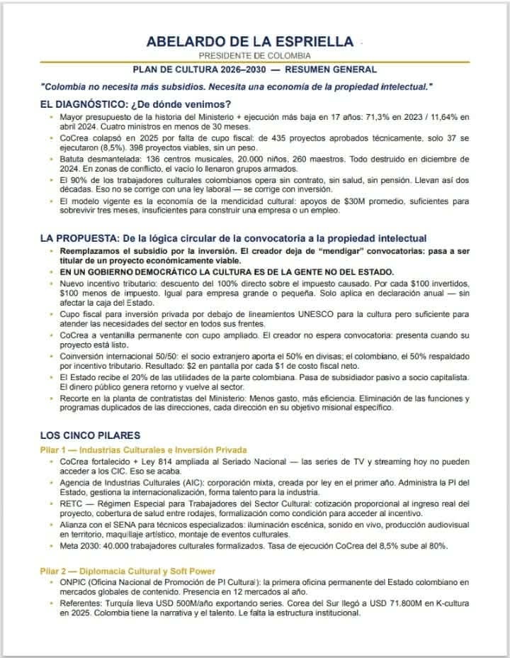 sergiopoesia's tweet photo. ¡Prepárense para una verdadera REVOLUCIÓN CULTURAL en Colombia!  He tenido acceso al resumen del Plan Cultural de @ABDELAESPRIELLA   y no solo es pertinente,  sino que es el impulso que la cultura en nuestro país necesita desesperadamente. Con una visión audaz y proyectos viables, este plan elevará a nuestros artistas, protegerá nuestro patrimonio y convertirá a la cultura en un motor de desarrollo como nunca antes. ¡Es hora de que el sector cultural se una a esta ola de cambio y construyamos juntos un futuro lleno de arte, patrimonio, seguridad, creatividad y orgullo nacional! #ElFuturoEsCultura #CulturaSostenible #CulturaPorColombia #VotaCultura