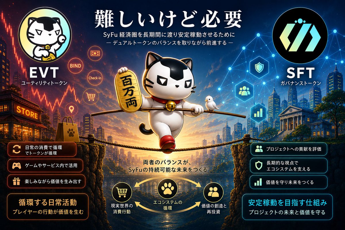 Chaton_SyFu's tweet photo. SyFu応援投稿104日目
【デュアルトークンという難しい道】

SyFuの特徴の一つでもあるデュアルトークン
以前からAMAで制御が難しいが
SyFuのエコシステムを回す為には必須とFounderは言っていた

言われるがままに聞いていて
色々と難しそうだけど
運営さんが制御するんだろう
くらいにしか思っていなかったが
今回少し考えてみることにした
・何故難しいのか？
・何故必要なのか？

一般的なGameFiにおけるデュアルトークンのメリット・デメリットはこんな感じ？
〈メリット〉
・ゲーム内経済の安定性向上
・経済モデルの柔軟な調整が可能
・投資家とプレイヤーの役割分離
・循環の促進
〈デメリット〉
・理解・参入ハードルが上がる
・経済バランスの崩壊リスク（デススパイラル）
・調整の難易度が高い
・投機 vs 遊びのミスマッチ
・全体的な持続性課題

こうしてみるとメリット、デメリットは表裏一体であるようにも思える

それでも何故SyFuはデュアルトークンを選ぶのか？

大前提としてSyFuは長期運用を
目指したプロジェクトだと思っている

それを踏まえて
SyFuは現実世界の消費行動の循環を
エコシステムとして取込み評価する
ゲームプロジェクト（敢えてゲームと表現）
だからこそ
日常活動の中で循環し評価対象となる
ユーティリティトークンが必要となる

しかしユーティリティトークンに
日常の循環だけでなく
プロジェクトを長期的に支える
役割まで持たせてしまうと
ゲーム内の価格変動が
プロジェクト全体へ影響を与えてしまう

それを防ぐ為に
ガバナンストークンを分離し
デュアルトークン化したのではないだろうか
さらにSFTを貢献評価に使うことで
「日常の循環」と
「長期的な価値維持」
この両立を目指したのではないか？

SyFuにデュアルトークンが必要な理由は

『SyFu経済圏を長期間にわたり安定稼働させる』

この目的を達成する為に
敢えて運用が難しいデュアルトークンという道を選んだのかもしれない

#SyFu #MANEKINEKO #FinTech