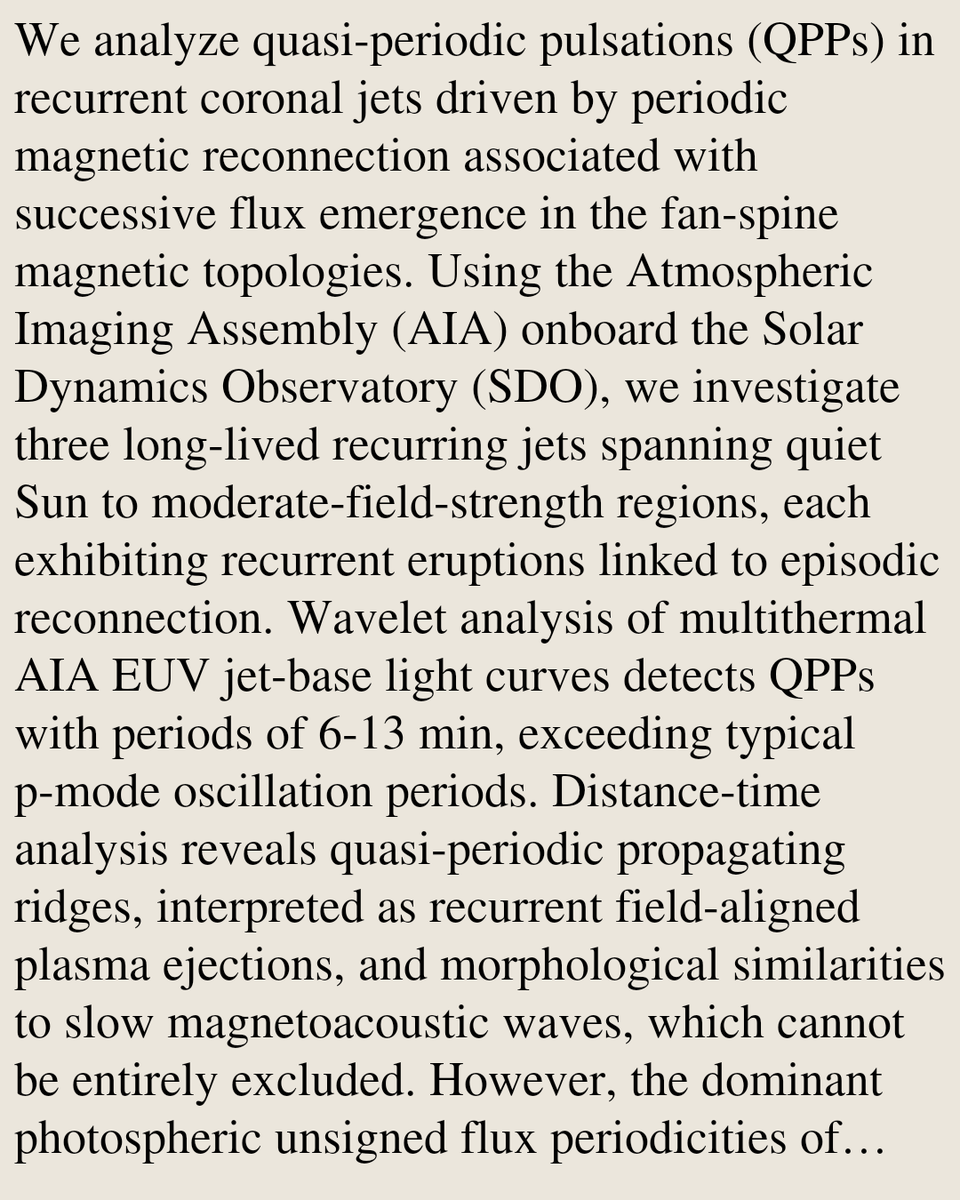 VTWV's tweet photo. Recurrent Coronal Jets and QPPs: Periodic Reconnection and Localized Heating Across Quiet-Sun to Active Regions

Sudheer K. Mishra, Kartika Sangal, Balveer Singh, Ayumi Asai, A. K. Srivastava, Ding Yuan
https://t.co/sRvjEhMU2q [𝚊𝚜𝚝𝚛𝚘-𝚙𝚑.𝚂𝚁] https://t.co/DBimZa0t8y