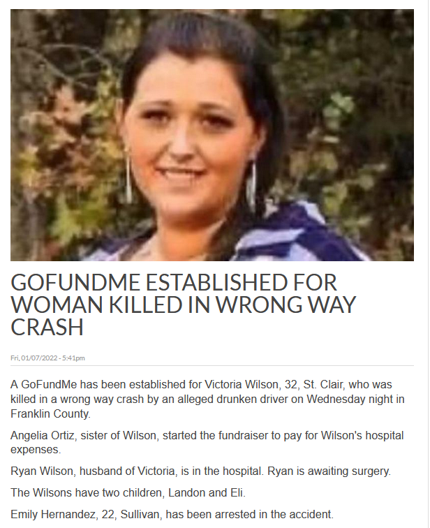 EvangelineDryd's tweet photo. @GOP__Ls J6er Emily Hernandez killed 32 yr-old Victoria Wilson, a mother of 2, and severely injured her husband, Ryan. Two children, Landon and Eli, no longer have a mom.

Hernandez was drunk driving. https://t.co/Z7hVwWhpPW