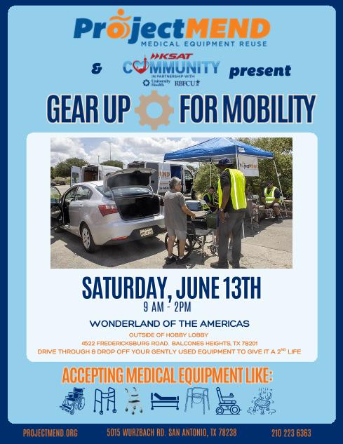 ProjectMENDSA's tweet photo. Looking for a great weekend project? Clean out your attics and garages!  Visit your grandma's house!  Get your coworkers, teammates, classmates, church friends to bring you any gently used medical equipment to drop off at our Gear Up for Mobility Collection Drive next Saturday. https://t.co/tytuyEnYVW