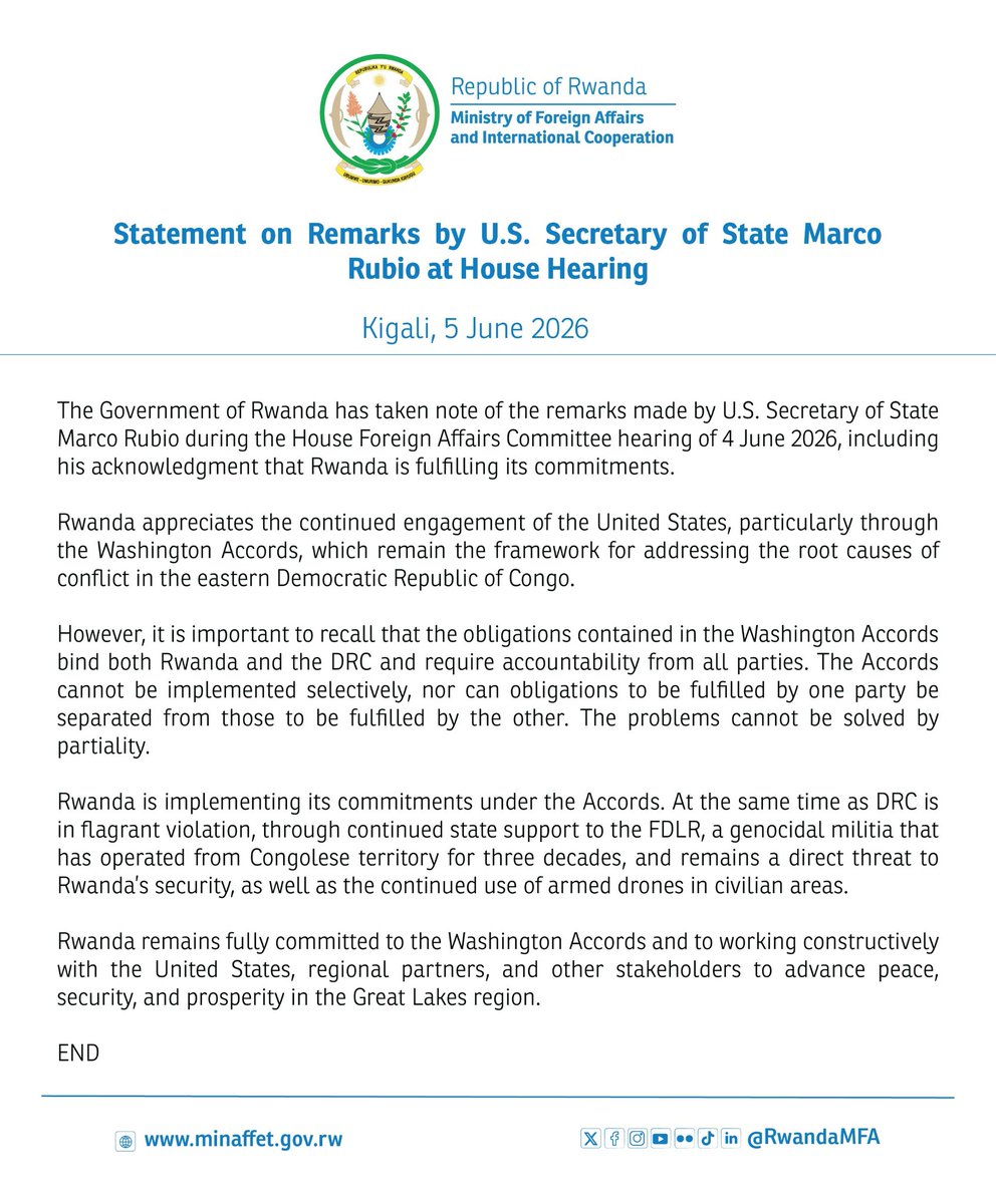 VictorMurashi's tweet photo. Kigali sends a clear message to Washington: the peace deal cannot be implemented selectively.

In its response to Secretary Marco Rubio's remarks, Rwanda welcomed recognition of its compliance with the agreement while stressing that peace cannot be achieved through partiality. 

The message is simple: accountability must apply to both Rwanda and the DRC.
@SecRubio @US_SrAdvisorAF
