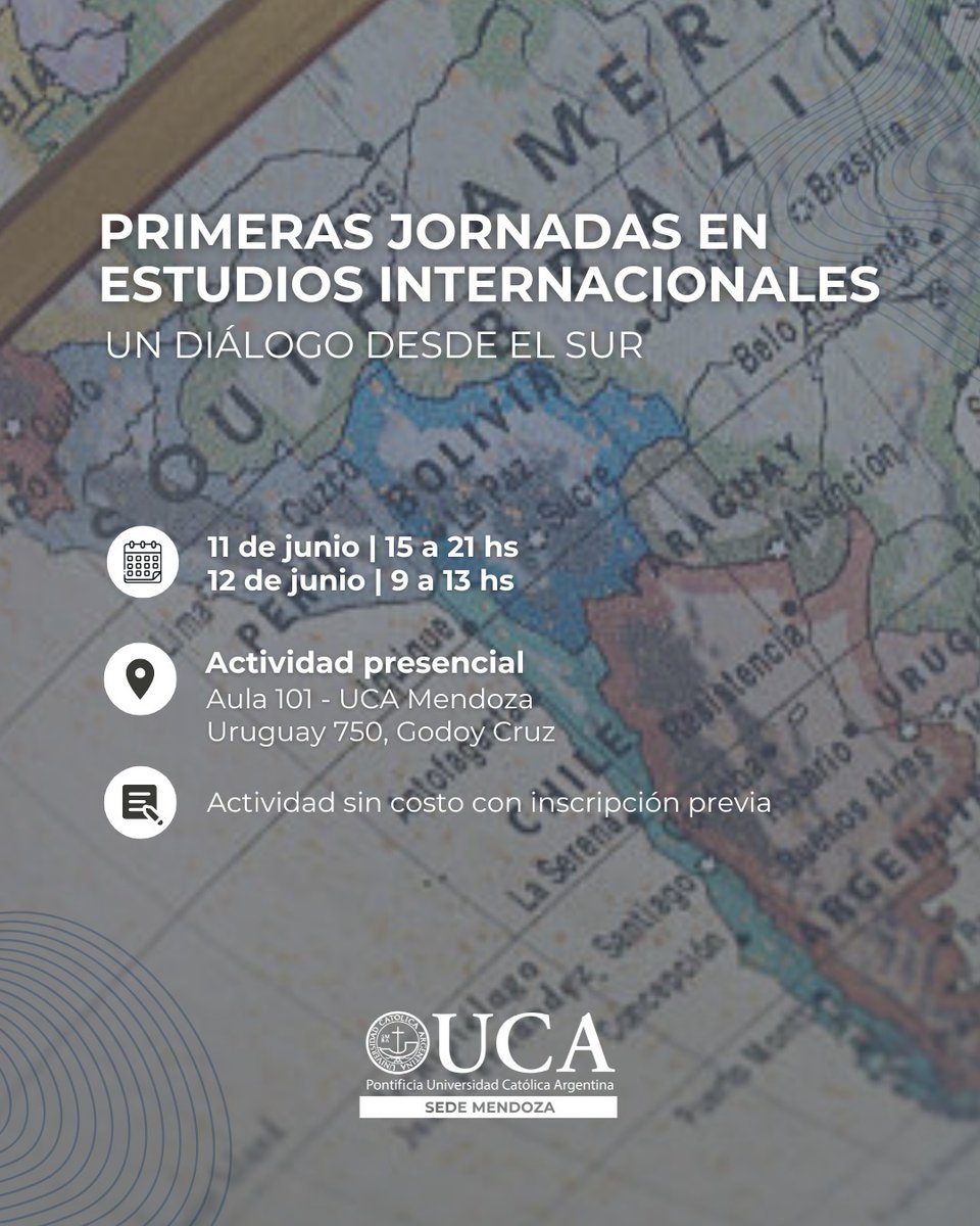 a_spedaletti's tweet photo. PRIMERAS JORNADAS EN ESTUDIOS INTERNACIONALES*

Un diálogo desde el Sur
 
🗓️ *Fecha y horario:* 
- Jueves 11 de junio de 15:00 a 21:00 h 
- Viernes 12 de junio de 09:00 a 13:00 h
📍 *Actividad presencial*: Aula 101

- Actividad sin costo con inscripción previa. https://t.co/FBSP5t2nLu