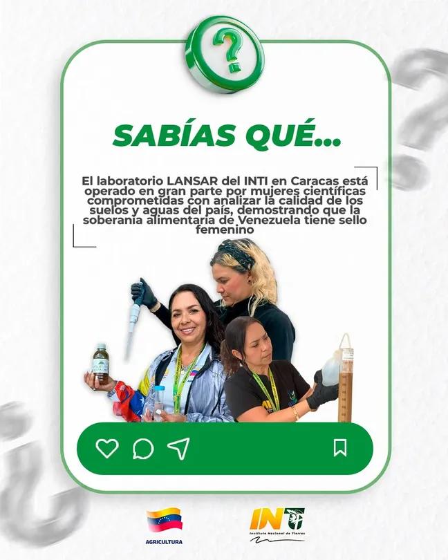 Inti_Falcon's tweet photo. La soberanía alimentaria de Venezuela cuenta con el liderazgo de mujeres científicas. Desde el laboratorio LANSAR del INTI en Caracas, ellas se encargan de analizar la calidad de las aguas y los suelos nacionales, aportando su conocimiento al desarrollo agrícola del país. https://t.co/yBqmzHypXp