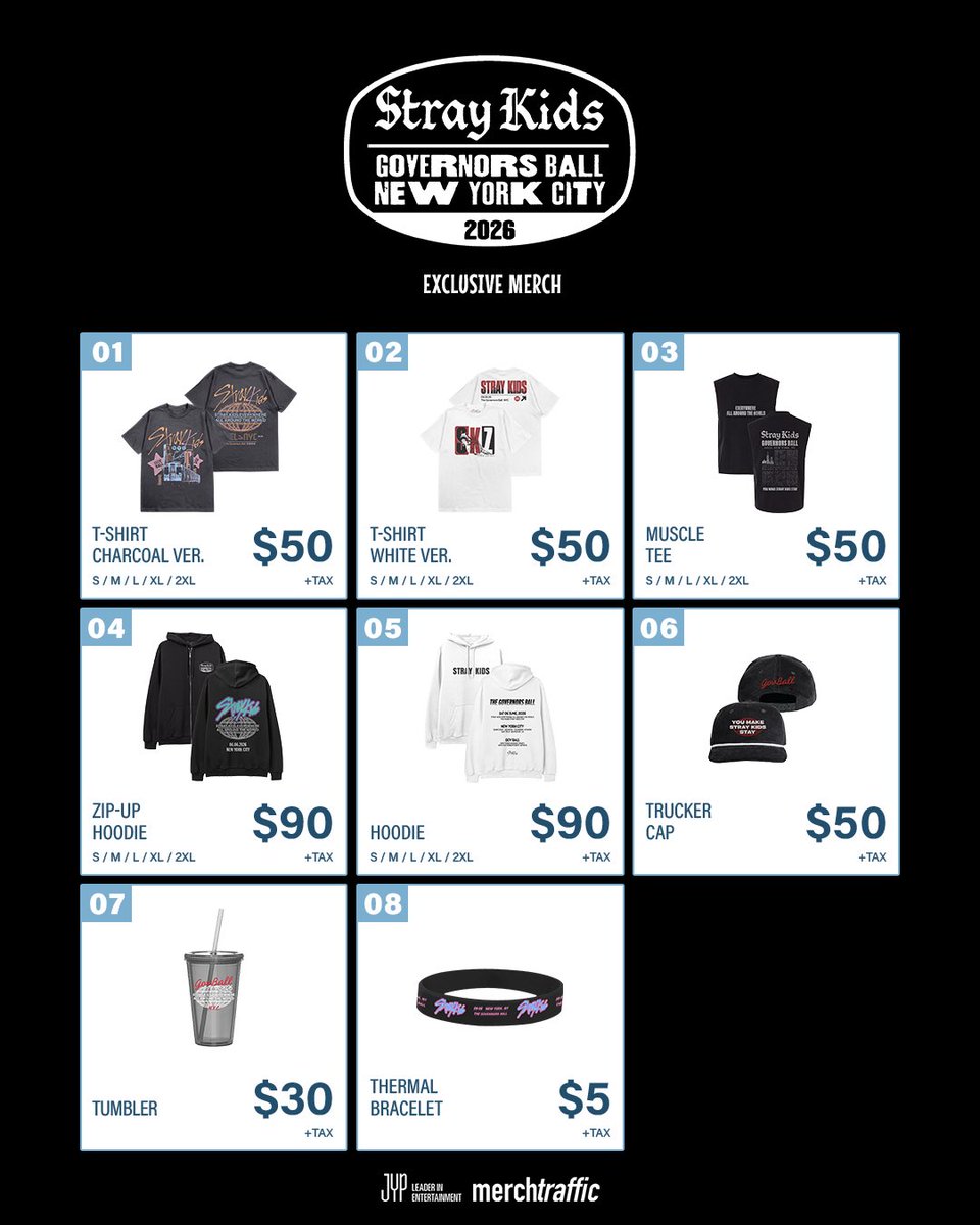 MerchTraffic's tweet photo. [The Governors Ball]

The wait is over🔥
Stray Kids merch has landed at Governors Ball!

Stop by, stock up, and show your SKZ pride all weekend long🖤

#StrayKids
#governorsball2026
#MERCHTRAFFIC
#YouMakeStrayKidsStay https://t.co/FtZgweTTxZ