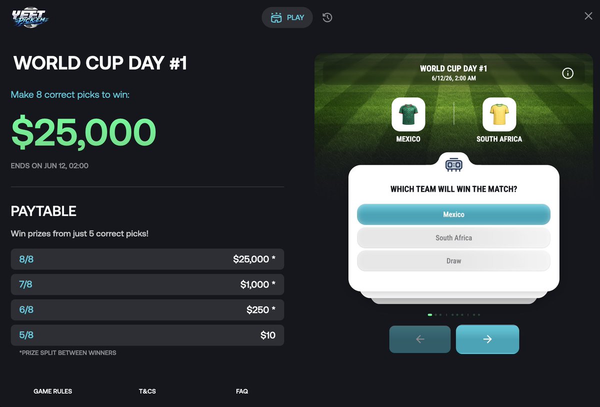 TGZZRewards's tweet photo. $25,000 up for grabs… and all you need is your picks ⚽💰

Enter @yeet  FREE World Cup Pick’em and predict the outcomes.

check out now: https://t.co/mjBoAHTfdw

SHARE YOUR PREDICTION BELOW 👇 https://t.co/yYrXUm0jwJ