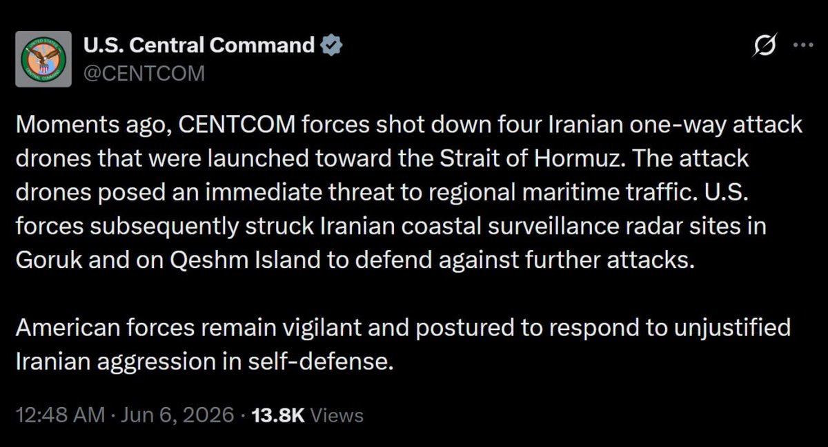 MarioNawfal's tweet photo. 🚨🇺🇸🇮🇷 BREAKING: The U.S. has hit back inside Iran again, striking coastal surveillance radar sites in Goruk and on Qeshm Island after downing four Iranian attack drones near Hormuz.

CENTCOM says the drones posed an immediate threat to shipping in the area and that the radar strikes were meant to head off further attacks, promising to keep answering what it calls "unjustified Iranian aggression" in self defense.

Look at the formula taking shape.

Every drone launch now costs Iran a piece of its coastal sensor network, the radars and stations that let it find targets in the strait in the first place. 

Round by round, Washington is blinding Iran's coastline.

Source: U.S. Central Command