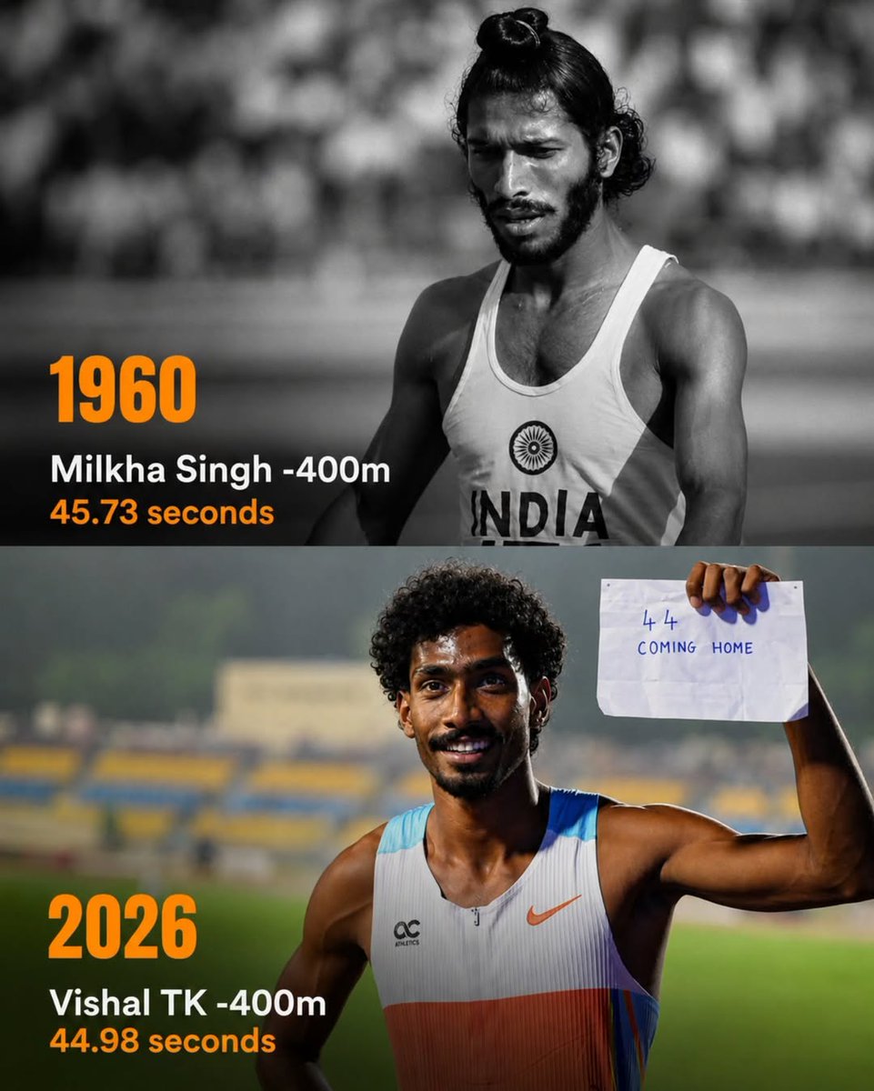 ImAnshul09's tweet photo. History evolves, legends inspire, and new stars rise 🇮🇳⚡ From Milkha Singh inspiring generations to Vishal TK reportedly breaking the iconic 45.73s benchmark with a stunning 44.98s run 🏃‍♂️🔥 ❤️🇮🇳 #MilkhaSingh #VishalTK https://t.co/rCGE9oC14Q