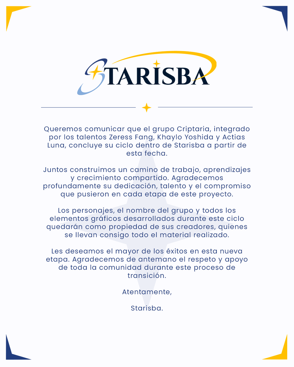 starisba's tweet photo. Criptaria concluye su ciclo dentro de Starisba y comienza una nueva etapa ✨ https://t.co/BHft3bFXFi