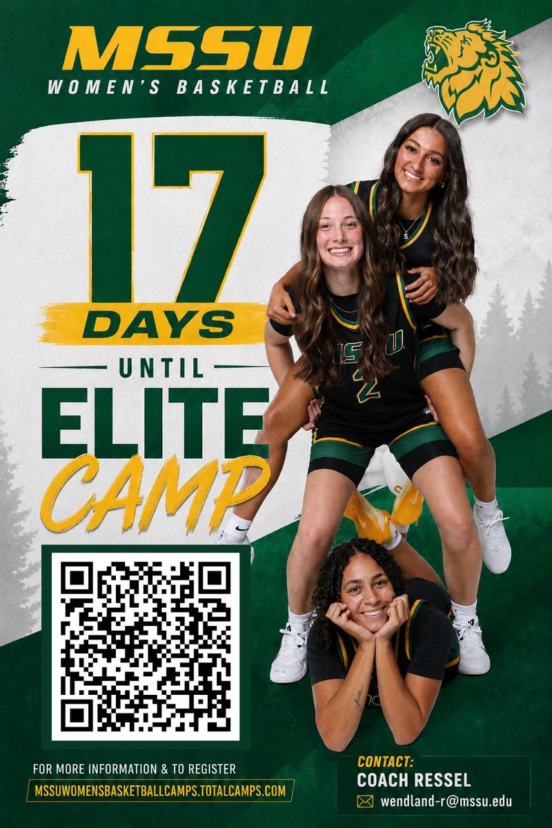 MssuWbb's tweet photo. THE COUNTDOWN IS ON! 

Only 17 days until Elite Camp! Register now for your chance to get in the gym with the Lions! 🦁 

🔗: https://t.co/NjWiFu6qIv https://t.co/X4c5aV66R6