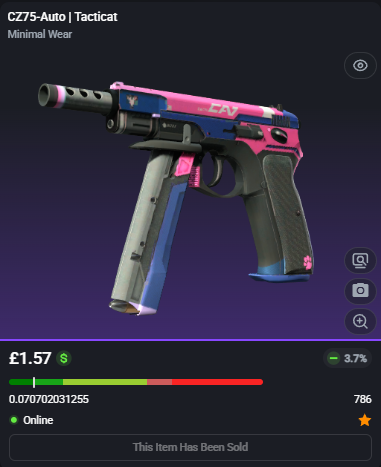 adsyyycs2's tweet photo. One of my most flipped weapons coming in clutch once again!! 👊💥

0.070 CZ75-Auto | Tacticat
✅FLIPPED✅

➡️Bought for: £1.10
➡️Sold for: £1.57

After fees, that's a total profit of £0.44 (39.87%)🤑💵

#csfloat #cs2 #csgo #counterstrike #skins #trading #flipped #profit #roadto5k https://t.co/UhMKADi1vY