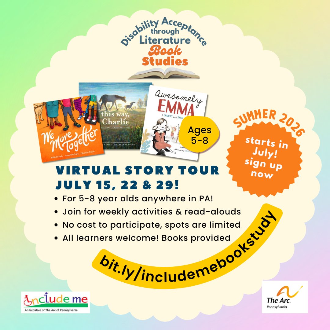 TheArcPA's tweet photo. LAST CHANCE! Registration closes June 7, so don’t miss out! Disability Acceptance through Literature's summer Story Tour is a no-cost virtual inclusive program for students ages 5-8 anywhere in PA. Books are provided! Register now: https://t.co/IbUJVkAtza https://t.co/jOg2hOYLCc