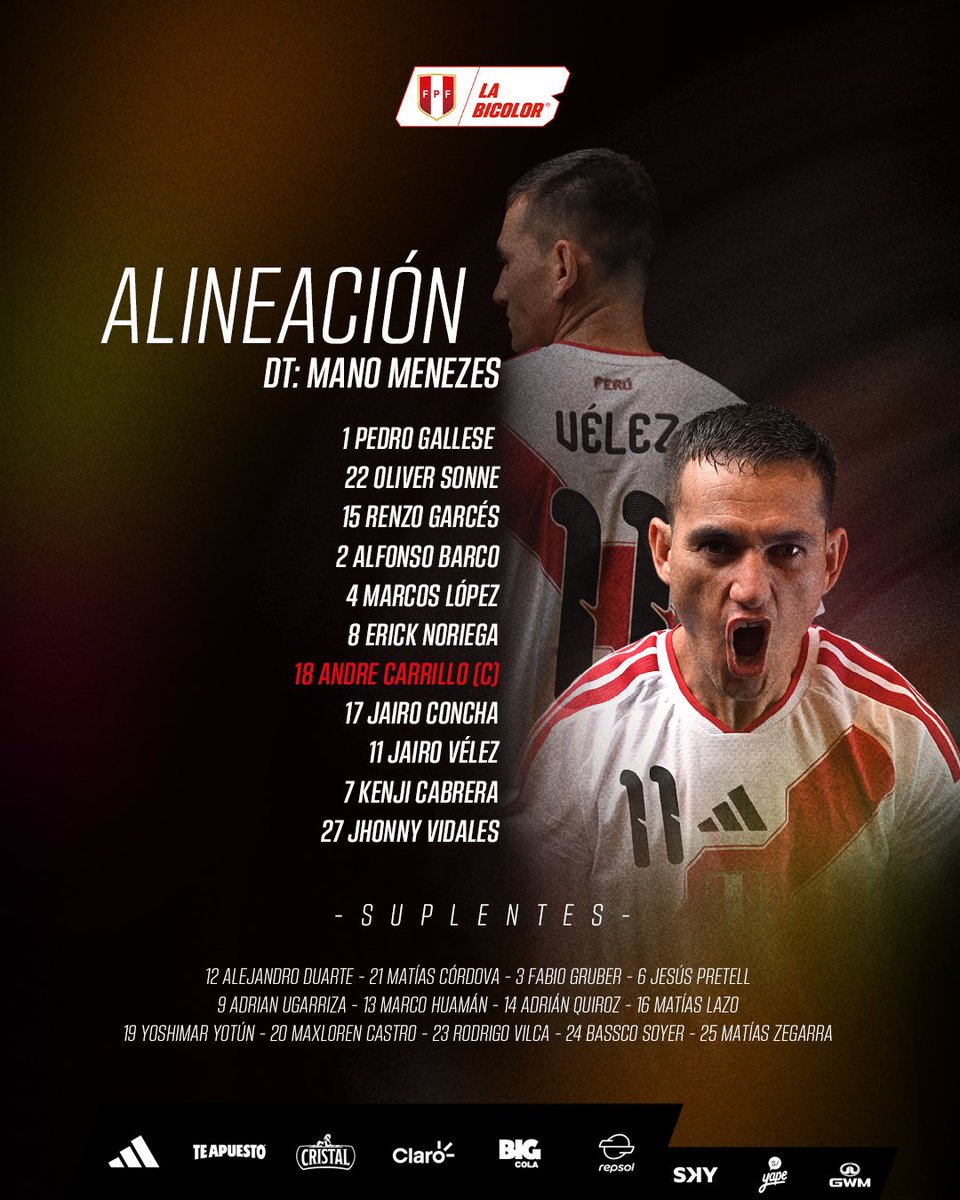 SeleccionPeru's tweet photo. 𝗡𝘂𝗲𝘀𝘁𝗿𝗼𝘀 𝗲𝗹𝗲𝗴𝗶𝗱𝗼𝘀 𝗲𝗻 𝗲𝗹 𝗼𝗻𝗰𝗲 𝗶𝗻𝗶𝗰𝗶𝗮𝗹 🙌🏼

#LaBicolor 🇵🇪

#UnSentimientoQueNosUne https://t.co/PIAeTgQ9vE