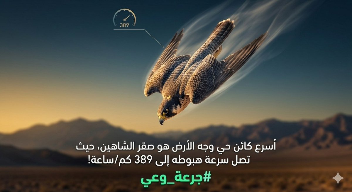 JoratWay's tweet photo. أسرع كائن حي على وجه الأرض هو صقر الشاهين، حيث تصل سرعة هبوطه إلى 389 كم/ساعة! 🦅
#جرعة_وعي https://t.co/SXWIQa9obT