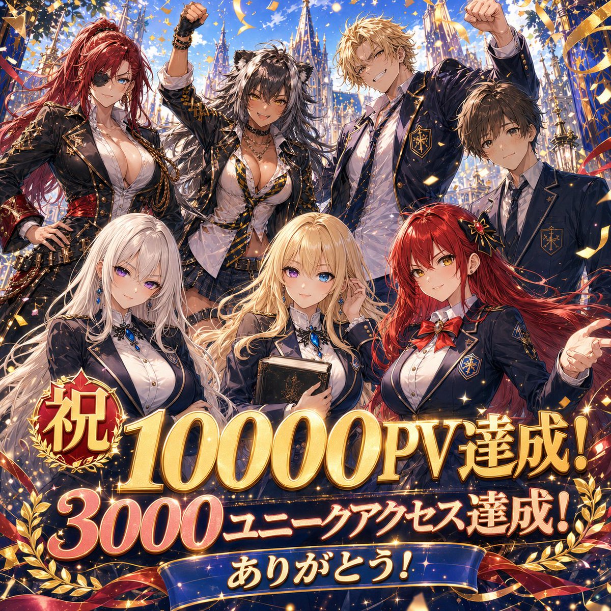 Ulty0701's tweet photo. ついに累計10000pv達成しましたー！
いつも応援ありがとうございます！
開始から1ヶ月ちょっととなりましたが、物語も第二章を迎え、アイリスも日々成長しています！私も皆さんの応援の元、これからもがんばっていきますので引き続き応援よろしくお願いします！

画像は学院の編のキャラ達です！ https://t.co/oldYQ1mVAk