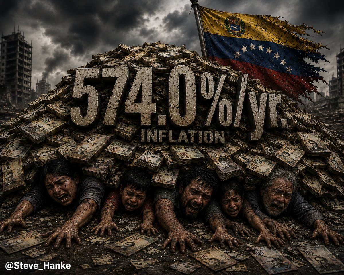 steve_hanke's tweet photo. #VNZWatch🇻🇪: Today, I measure Venezuela's inflation AS THE WORLD'S HIGHEST at a CRUSHING 574.0%/yr.

That's down from a peak of 828.6%/yr on February 4th.

YOU WON’T FIND THIS IMPORTANT FACT IN THE MAINSTREAM MEDIA SPIN. https://t.co/UDKnIryErv