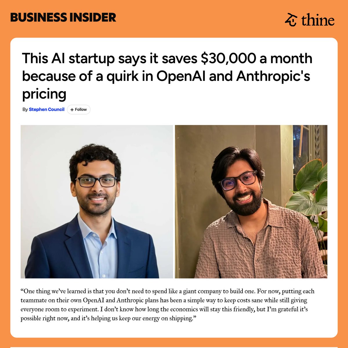 pratyush_r8's tweet photo. We use a lot of AI internally to build things.

We recently met @stephencouncil from @BusinessInsider over a coffee chat and talked about how we use AI and the future we imagine with @ThineAI

Read more below 👇 https://t.co/CKQEUdMrBx