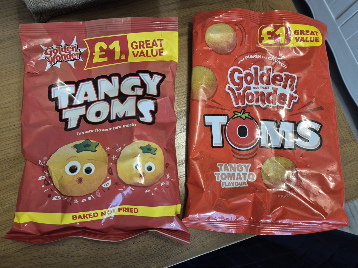 Wonklemore's tweet photo. @GoldenWonderUK 
What have you done to the Tangy Toms packaging? 
...It looks terrible!

Gone is the Cartoony Tangy Toms replaced with a bad font &amp; no chatacter.

And they are now just called "TOMS"?

Why have you done this? 
#goldenwonder #Tangytoms #toms #crisps #justno https://t.co/2e36NGNM1b