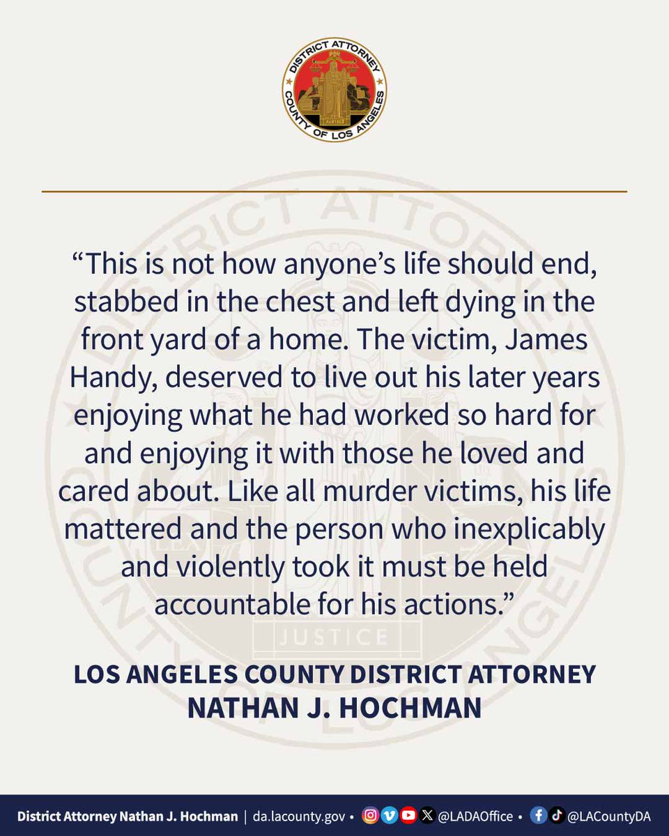 LADAOffice's tweet photo. A 44-year-old man was charged today with fatally stabbing his mother’s elderly boyfriend, actor James Handy, outside a Tarzana home earlier this week.

Click the link in our bio to read the full press release.
#LADAOffice #DANathanHochman https://t.co/0qK68dubJ5