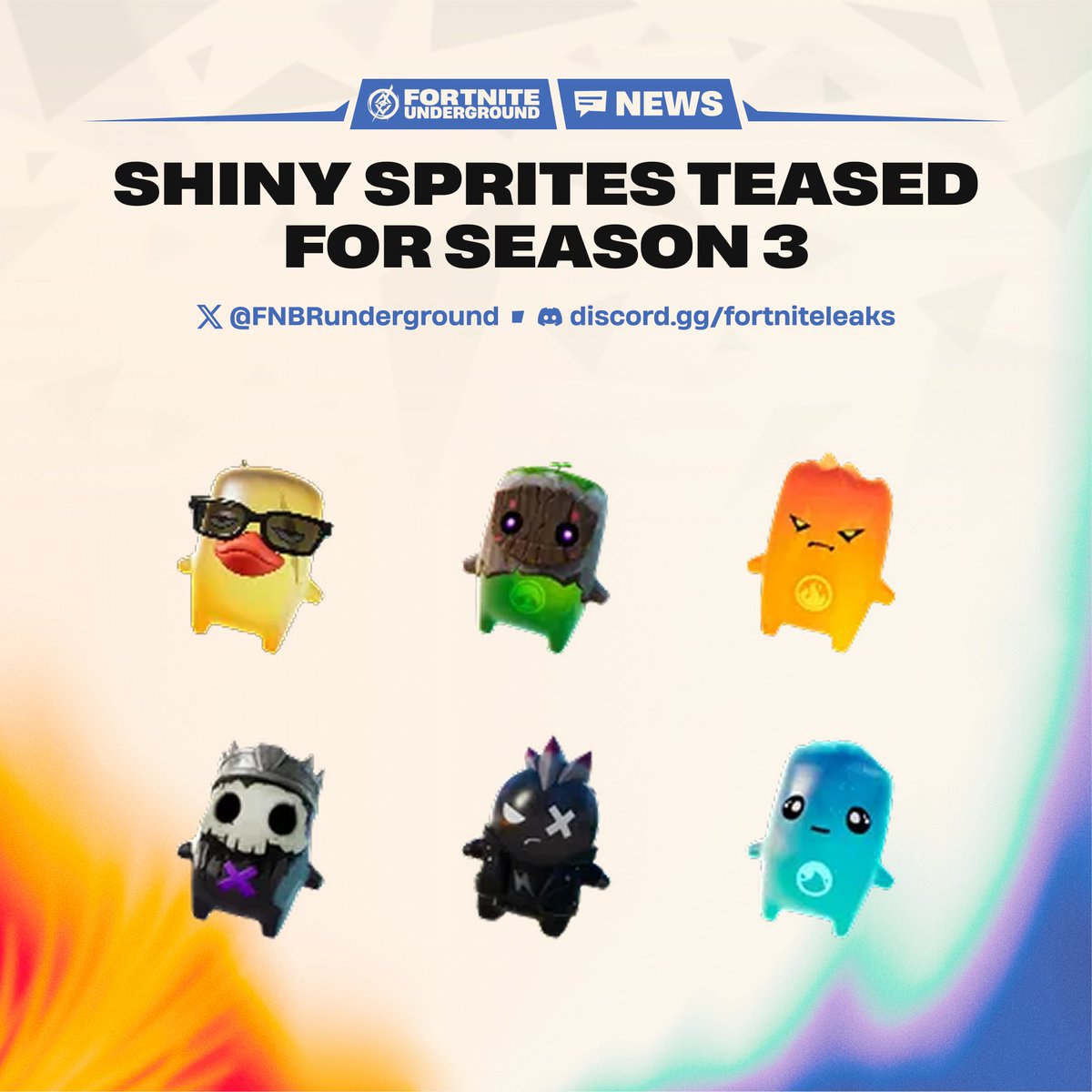 FNBRunderground's tweet photo. Shiny Sprites have been teased for #Fortnite Season 3 ✨ 

Players will be able to collect rare alt-color versions of Sprites and use them for their Sprite Mech. https://t.co/sluwYL51m5