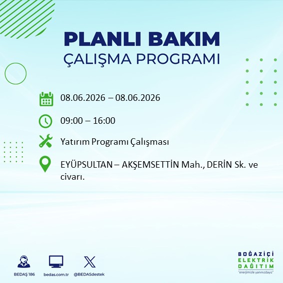 BEDASDestek's tweet photo. 08.06.2026 tarihli Eyüpsultan ilçesi #planlıbakımçalışmaprogramı @eyupbelediyesi https://t.co/zTYbPSMlgS