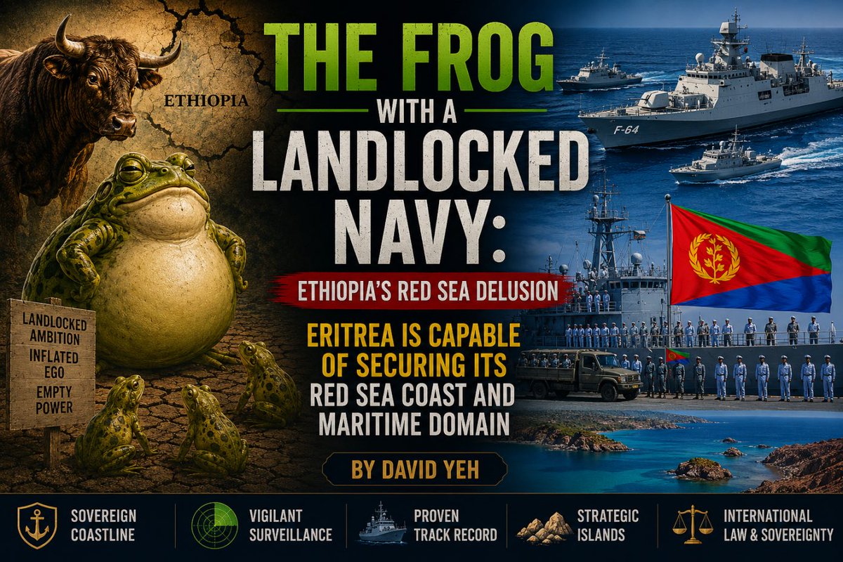 AlulaFre's tweet photo. The Frog with a Landlocked Navy: Ethiopia’s Red Sea Delusion

June 5, 2026

Eritrea Is Capable of Securing Its Red Sea Coast and Maritime Domain
By David Yeh
@RedSeaBeacon 

There are myths, and then there are jokes told with a straight face. The claim that “Eritrea cannot secure its own Red Sea coastline but Ethiopia can” is one of them.
It is an absurd argument: a landlocked state, without a sovereign coastline, without a functioning maritime domain, and without control over its own internal corridors, now presents itself as the natural guardian of the Red Sea. Ethiopia, a country struggling to secure movement across its own territory, wants the world to believe it can secure one of the most sensitive maritime corridors on earth. This is not strategy; it is theaterical. Worse, it is entitlement dressed up as security policy. The argument would be laughable if it were not dangerous.
The Frog and the Ox
Aesop understood this kind of delusion long before modern geopolitics gave it a policy vocabulary.
In the fable The Frog and the Ox, a vain frog sees an ox and becomes consumed by comparison. Refusing to accept that another creature could be so much larger, she puffs herself up and asks her young whether she is now as big as the ox. They tell her no. She swells again. Still no. Blinded by vanity, she takes one final breath, stretches herself beyond her natural limits, and bursts.
The moral is simple: do not attempt the impossible. Do not confuse desire with capacity. Do not let vanity inflate you into self-destruction.
Ethiopia’s Red Sea narrative is Aesop’s frog in geopolitical form.
The Three Myths
Ethiopia’s Red Sea narrative rests on three connected myths.
The first is the capacity myth: the claim that Eritrea is too weak to secure its coastline. This is false. Eritrea has controlled, defended, and administered its Red Sea coast for more than three decades under conditions of war, sanctions, trafficking pressures, foreign military competition, and regional instability. No one casually violates Eritrea’s maritime territory. No one treats Eritrea’s coast as an open playground. Eritrea’s track record shows that it is more than capable of securing its section of the Red Sea.
ReadMore @RedSeaBeacon 

@hawelti 
@Sudan #Djibouti #Somalia #Egypt #SaudiArabia #Turkey #Qatar #UAE
@EmbassyEritrea @hadnetkeleta @SirakBahlbi @EliasAmare @Afc2012Alula 
@Ghidewon @Yehdavid @GhideonMusa @globalezra @SharronYemane @Winta_eri 
@PMEthiopia @MFAEthiopia @MOFAEGYPT
@AfricanUnion
@antonioguterres
@cnni @AJEnglish @BBCWorld @Reuters @AFP @AnnGarrison @AmbStesfamariam 
@FT @latimes @nytimes @BBCWorld @AlJazeera @tberhan0437898
@shabait @ERiTV_Official 
@ForeignPolicy @TheAtlantic 
@CanadaFP @tewerwari_1
@ERIEMBAET @BeyeneRussom 

https://t.co/5pl5GqnDl0