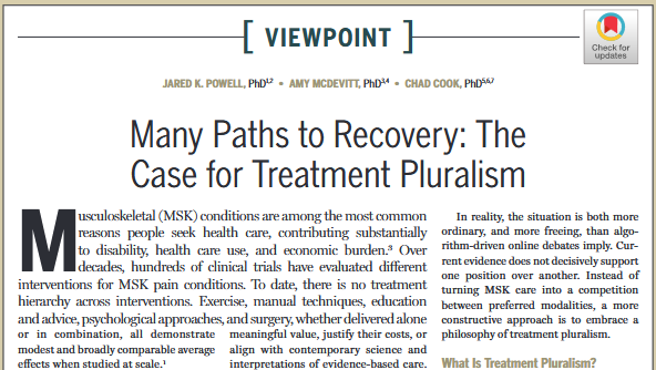 JOSPT's tweet photo. There is no single superior treatment for #MSKPain. Interventions such as exercise and manual therapy offer modest and broadly equivalent average effects.

Our latest #Viewpoint makes the case for #TreatmentPluralism ➡️ https://t.co/zJcL71oJhF

#yourJOSPT #Pain #Rehab https://t.co/Fu9kE4EyJ8