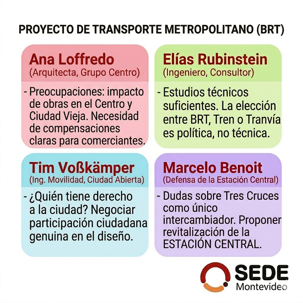 SEDEmvd's tweet photo. El conversatorio nos dejó en claro que el transporte metropolitano (como el proyecto BRT) requiere diseño integral, participación ciudadana genuina y soluciones para el Centro. 
“Montevideo somos todos". ¡Te invitamos a sumarte al debate! 💬📩 https://t.co/4JZiDAVlhd