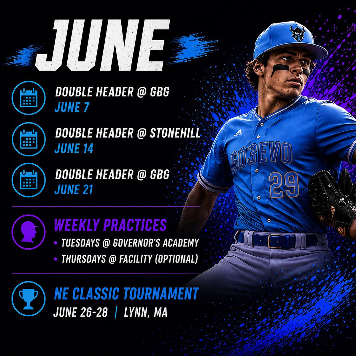 603evo_teams's tweet photo. JUNE — Double headers + NE Classic (Lynn, MA)
JULY — Boston Classic 1 & 2, Boston Invite, NE Championship
AUGUST — Team Camp + NE Championship @ UMaine Orono
PRACTICES — Tuesdays @ Governor’s Academy | Thursdays @ Facility
#603EVO #TravelBaseball #NHBaseball https://t.co/3BTszqBniG