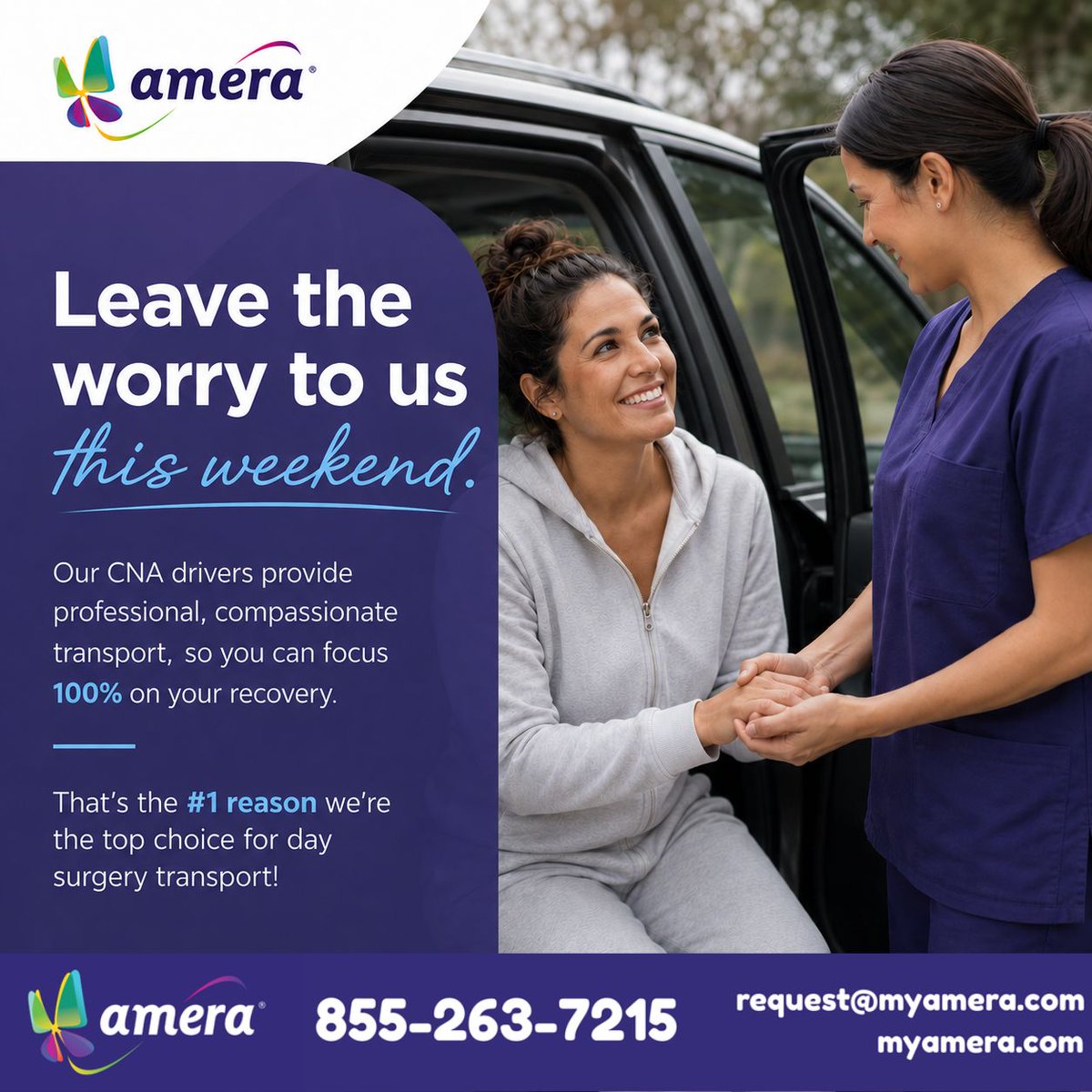 amerasolutions's tweet photo. Recovery should be your only focus this weekend. Our CNA drivers provide safe, compassionate post-op transportation.
#Amera #Colonoscopy #MedicalTransportation #MedicalProcedure #DaySurgery #ReliableService #ExtendedCare #RideCaring #OutPatientSupport https://t.co/M9SdaUMwR5