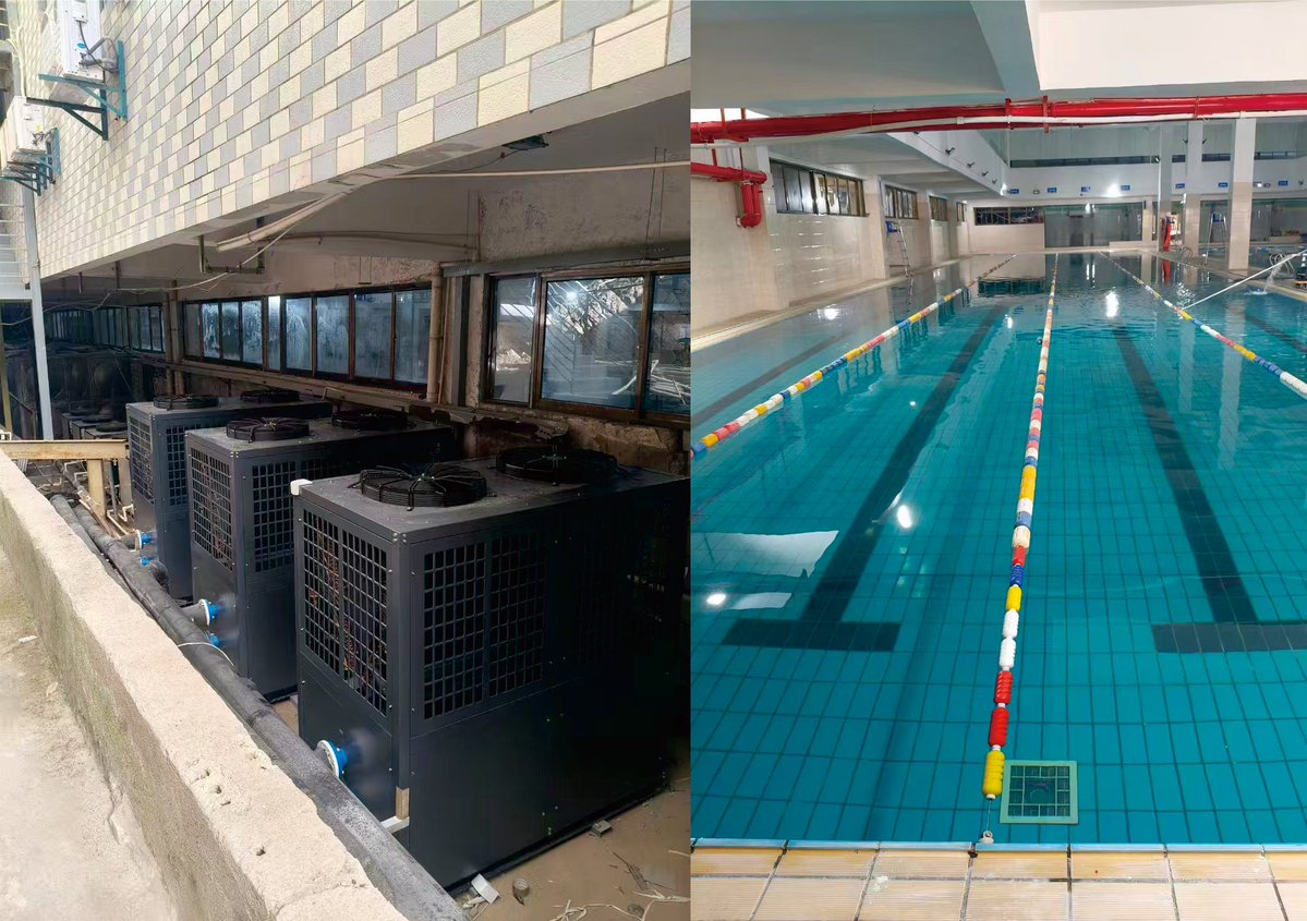 HeatPumpJoseph's tweet photo. The swimming pool uses three 64.5kw AIRYINI pool heat pumps to produce hot water in winter and cold water in summer, maintaining a constant temperature throughout the year. https://t.co/h5dyWYMjrt