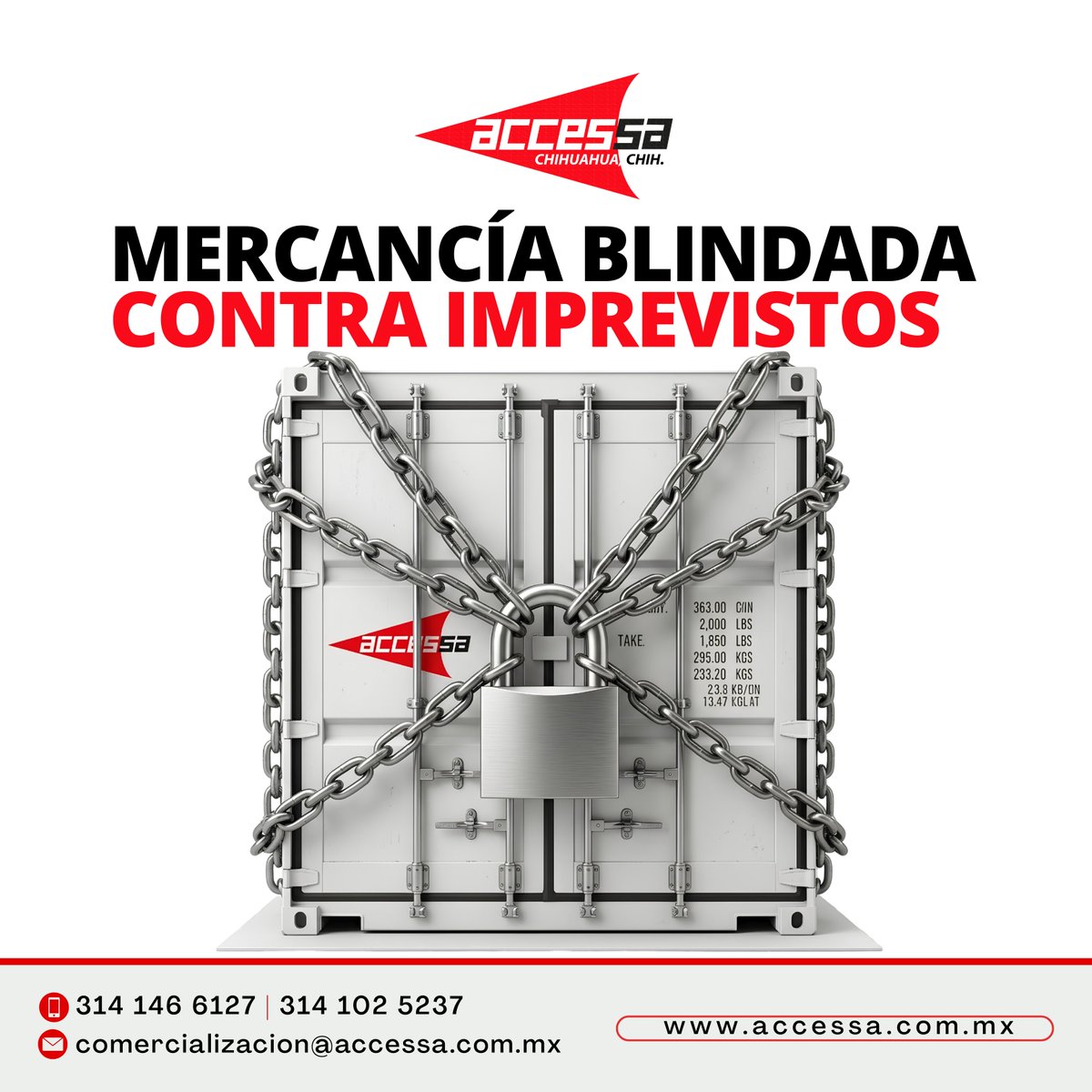 AccessaLogistic's tweet photo. 🛡️ Mercancía blindada contra imprevistos
✅ Seguridad 24/7 | ✅ Manejo experto | ✅ Cero daños | ✅ Tranquilidad total

📍 ACCESSA Chihuahua 
📞 314 146 6127 | 314 333 3828
✉️ comercializacion@accessa.com.mx
🌐 https://t.co/9shwZir4gq

#BlindajeEnAcción #LogísticaSegura #ACCESSA https://t.co/q7l2Z0ES3o