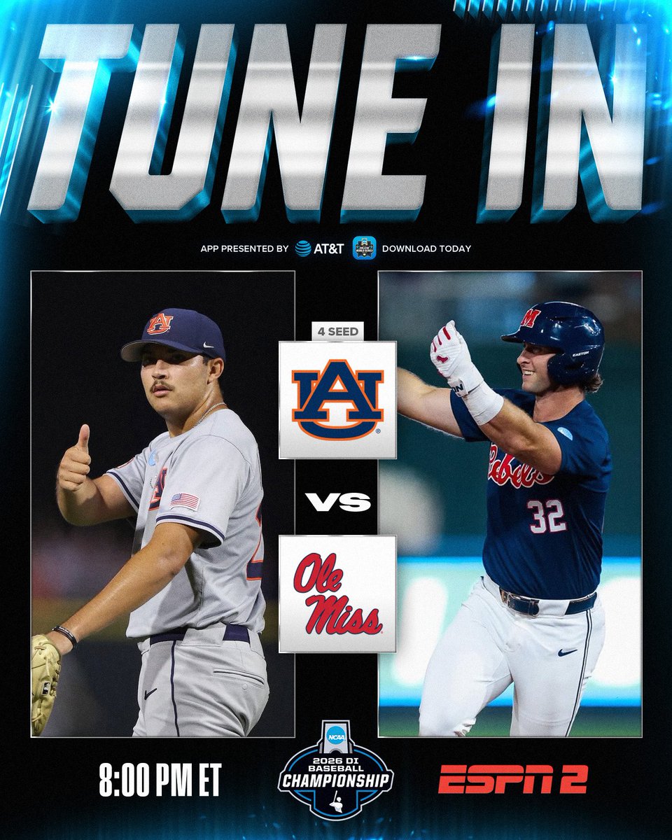 NCAABaseball's tweet photo. ⚾️ TUNE IN ⚾️

(4) @AuburnBaseball 
🆚
@OleMissBSB 

⏰ 8:00 PM ET
📺 ESPN2

➡️ https://t.co/NdxRoTqbEk
📲 https://t.co/ZUEUkZyAP0

#RoadToOmaha https://t.co/6rJoYShSnO