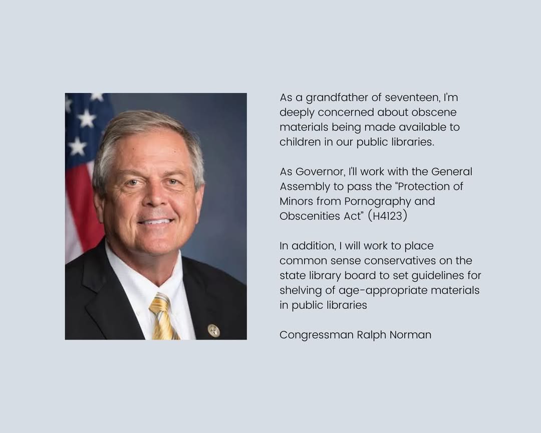 KihneSheila's tweet photo. Thank you @RalphNorman for standing up against the taxpayer funded filth in our SC public libraries !! The only Gov candidate to pledge to support a desperately needed update to 1987 obscenities law via @AprilCromerSC bill 
44 sponsors — but hasn’t moved

He is the most conservative— who can win — and that’s always who I vote for!