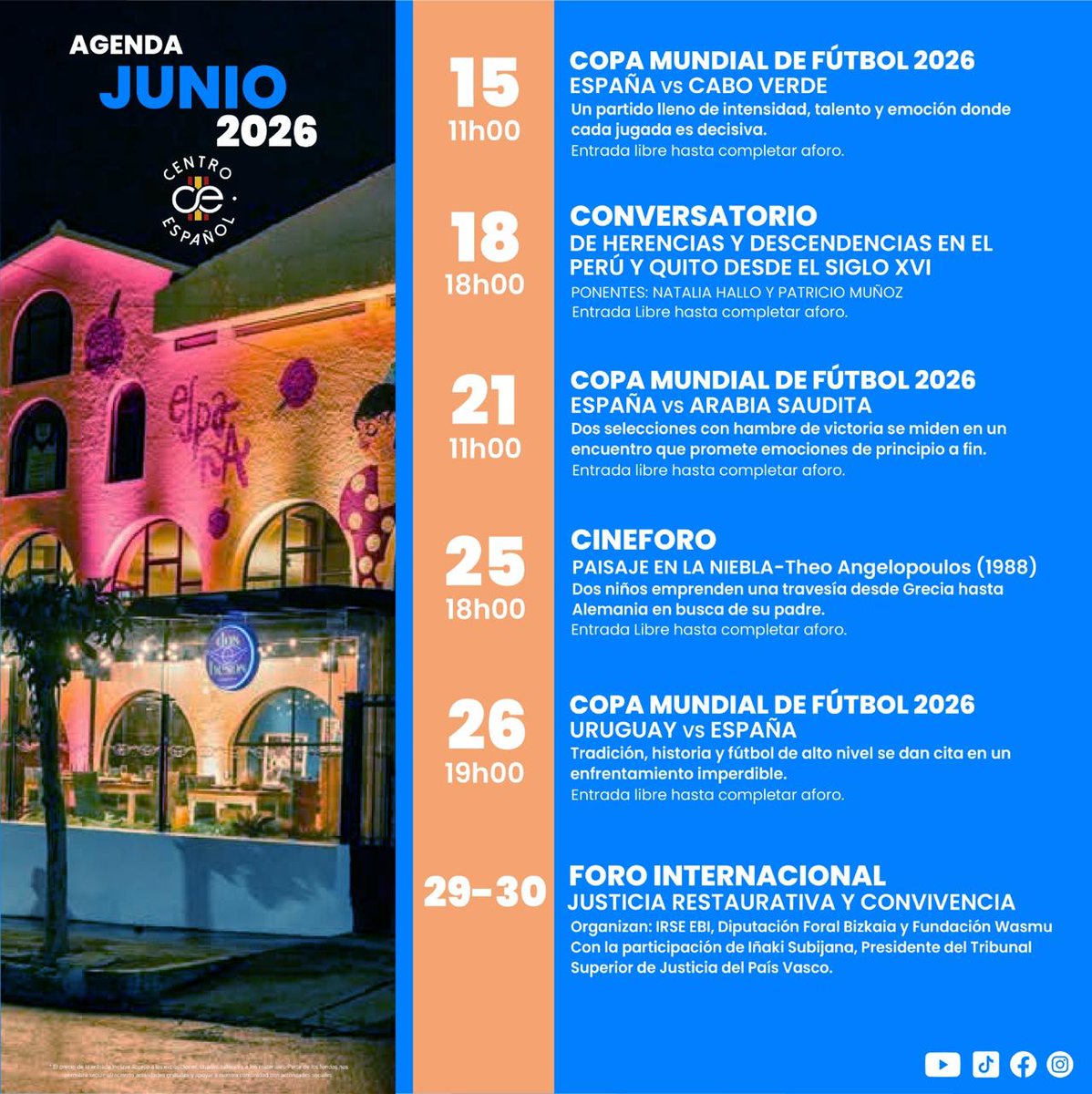 centroespanolec's tweet photo. ⚽Agenda Cultural | Junio 2026 📚
Junio llega lleno de cultura y pasión por el fútbol.

Invitamos a la comunidad española  y a todo el público quiteño a ser parte de una programación pensada para aprender y disfrutar.

📅 Reserva estas fechas. 
Te esperamos en el Centro Español. https://t.co/F2ct3cKsbt