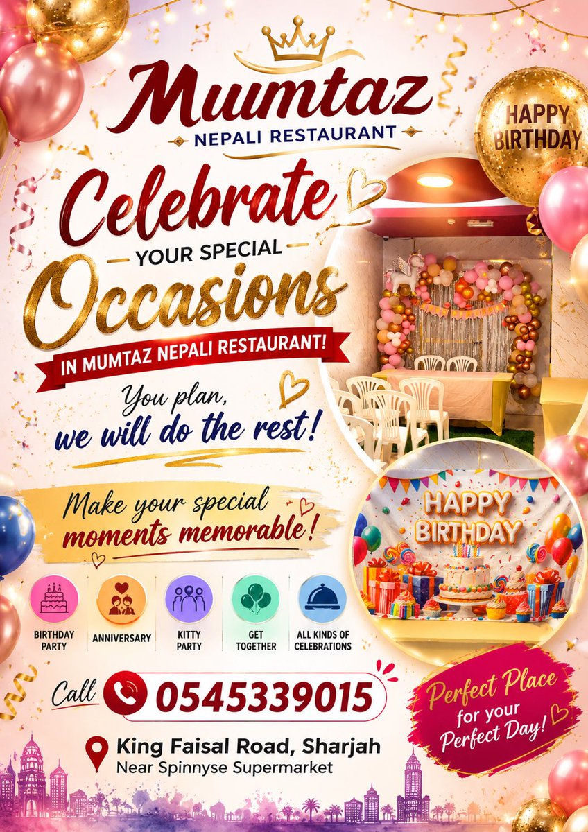 MumtazRest1's tweet photo. Celebrate Your Special Occasions at Mumtaz Nepali Restaurant! 

Whether it’s a birthday, family gathering, anniversary, or any special event, we’ve got you covered!

📞 Call Now: 0545339015

#MumtazNepaliRestaurant #NepaliFood #BirthdayParty #PartyVenueSharjah #NepaliCuisineUAE https://t.co/xI42M9tPPX