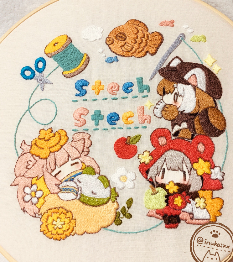 「コミティア156では、こちらの大きな刺繍を展示します。 緑のほうは新作、初お披露」|犬飼/さかなのマーチ【BOOTH新作追加/名古屋コミティア【D-24】】のイラスト