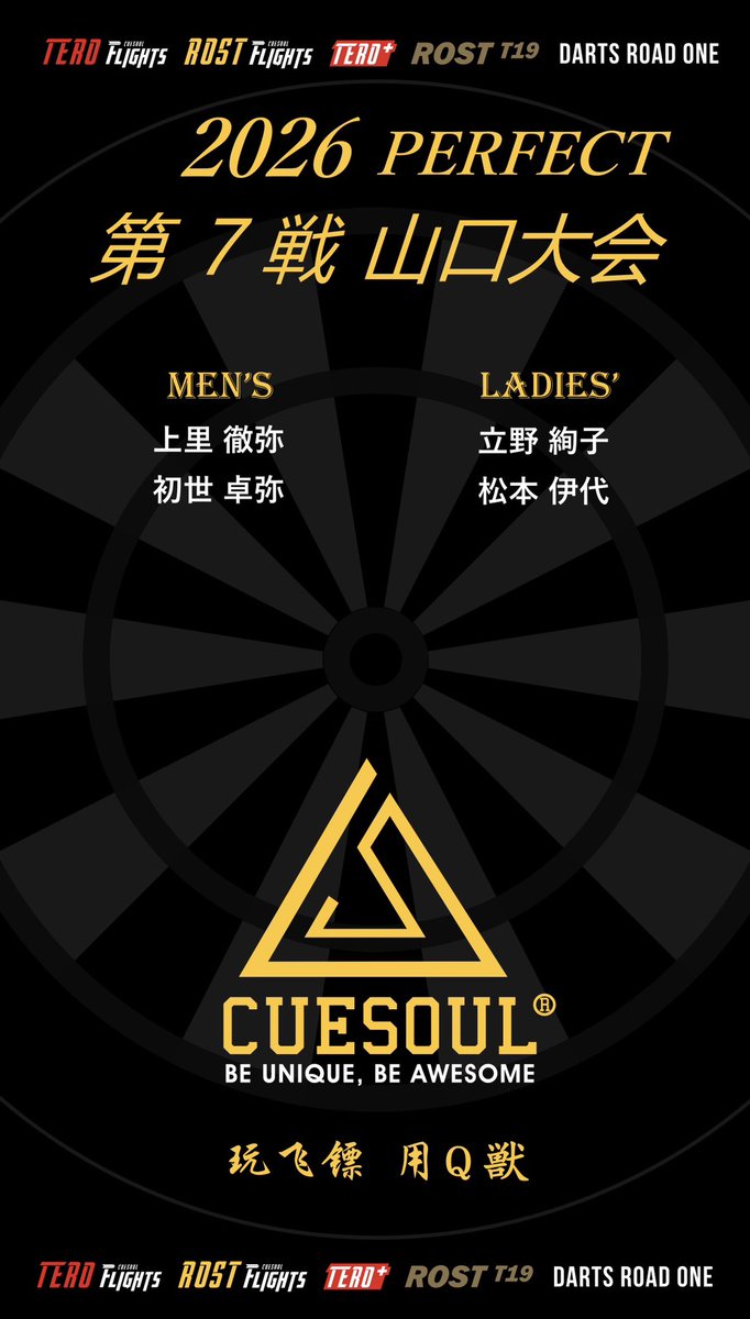 Robert33139410's tweet photo. 🎯2026 PERFECT 第7戦 山口🎯
CUESOULからも4名の選手が参戦です！
応援よろしくお願いします🤲

#CUESOUL
#ダーツ
#PERFECT https://t.co/Cejsbzxf43
