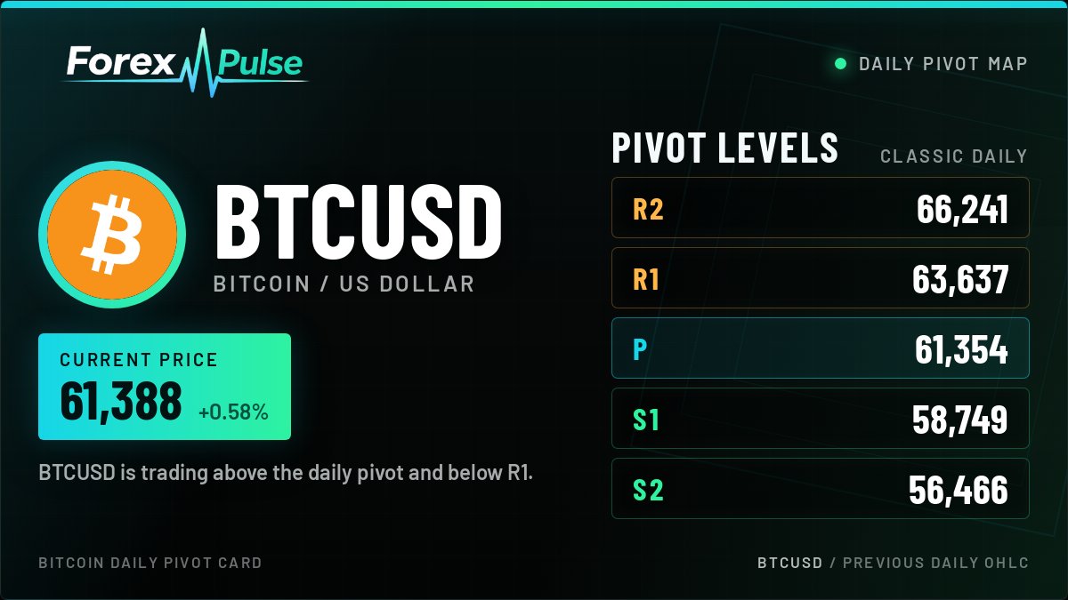 ForexPulse_App's tweet photo. BTCUSD Daily Pivot Map
Price: 61,388 (+0.58%)
R2: 66,241 | R1: 63,637
P: 61,354
S1: 58,749 | S2: 56,466
Note: BTCUSD holds above
#ForexPulse #BTCUSD #BTC #Bitcoin https://t.co/EvPm4NKzrZ